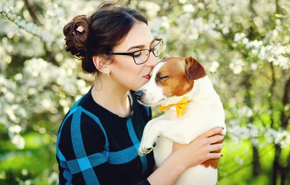 Girl, flowers, smile, kiss, dog, spring, glasses, flowering