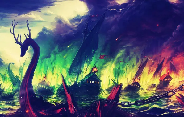 Picture the wreckage, fire, flame, ships, Game Of Thrones, sinking ship, naval battle, Game of Trones