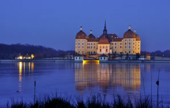 Water, light, lights, reflection, castle, the evening, Germany, Saxony
