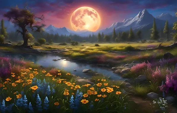 Forest, summer, light, trees, landscape, flowers, mountains, night