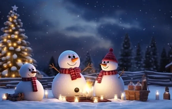 Winter, forest, light, snow, night, candles, Christmas, New year