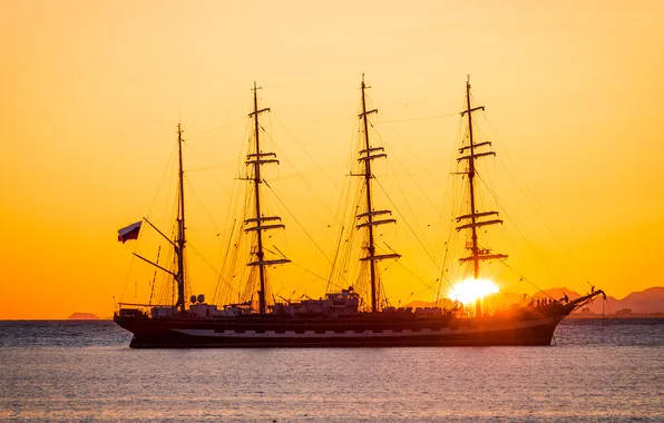 Sea, sunset, sailboat, Kruzenshtern