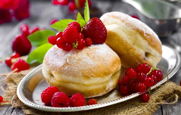 Raspberry, strawberry, donuts, currants
