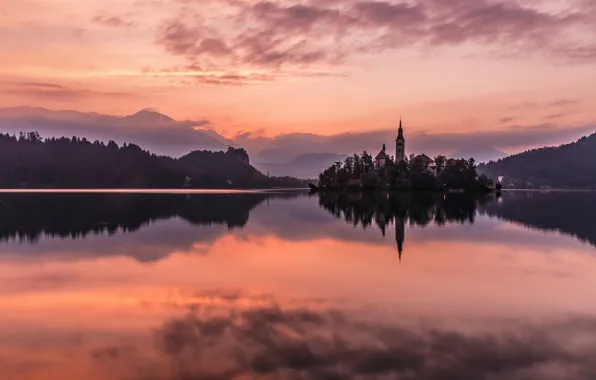 Picture mountains, nature, island, the evening, Church, glow, Slovenia, lake bled