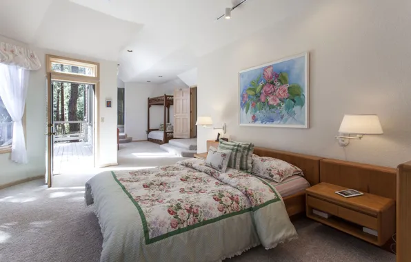 Bed, picture, pillow, table, bedroom