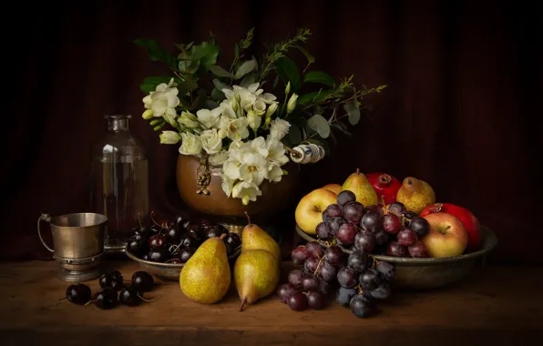 Flowers, grapes, still life, pear