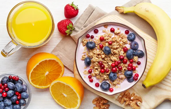 Picture orange, milk, blueberries, strawberry, juice, Cup, juice, fruit