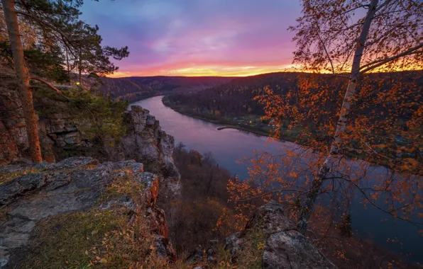 Picture autumn, trees, landscape, mountains, nature, river, dawn, morning