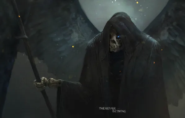 Death, skull, art, in the hood, Reaper, burning eyes, black wings, Sawan