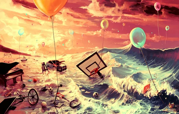 Sea, machine, balloons, fantasy, balls, art, kite, wheel