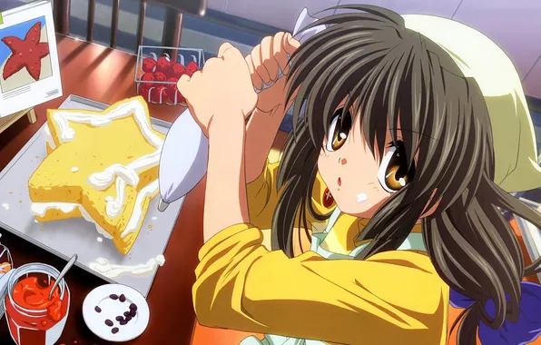 Picture food, kitchen, girl, cake, cream, Clannad, cooking, Moles Ibuki