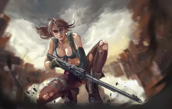 Chest, girl, the gun, art, sniper, Metal Gear Solid, konami, quiet