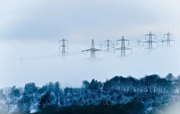 Landscape, fog, power lines