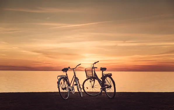 The sky, grass, clouds, sunset, bike, lake, horizon