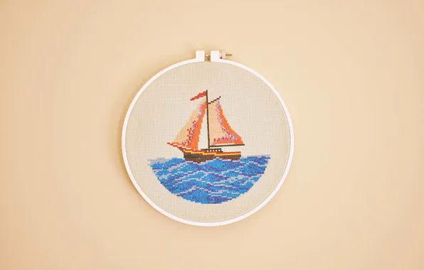 Picture sea, water, ship, thread, embroidery, canvas