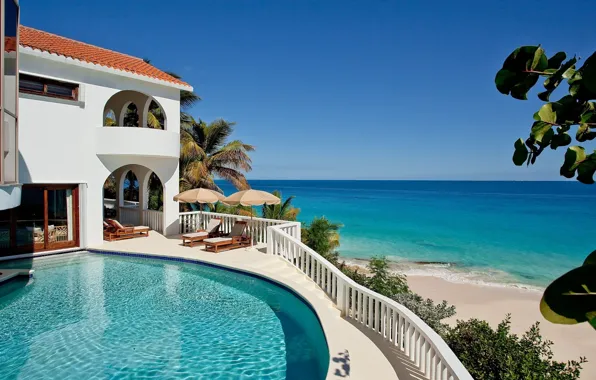 Picture palm trees, the ocean, Villa, pool, architecture, terrace