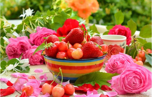 Strawberry, Mug, Petals, Roses, Cherry, Roses, Strawberry, Cherries
