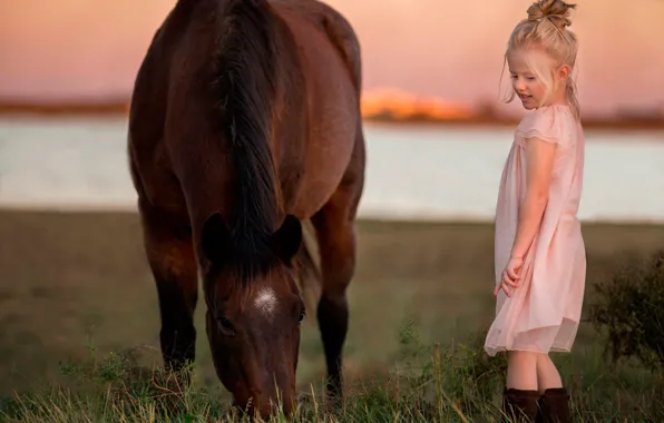Sunset, nature, horse, dress, girl