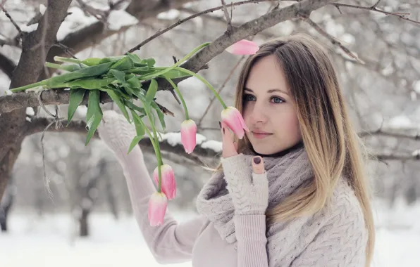 Picture winter, girl, snow, flowers, branches, nature, tree, tulips