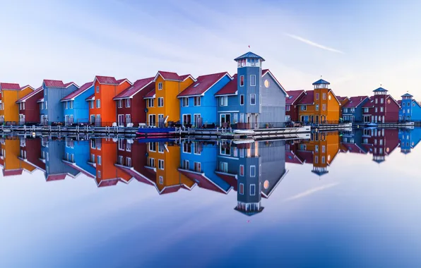 The sky, water, the city, reflection, Netherlands, Groningen