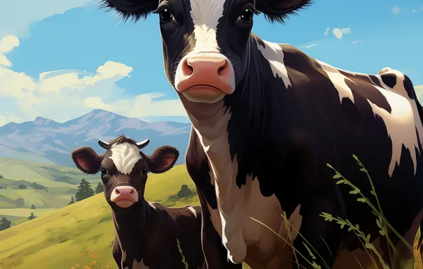 Grass, Look, Two, Digital art, Cow, Calf, AI art, The Art of Artificial Intelligence