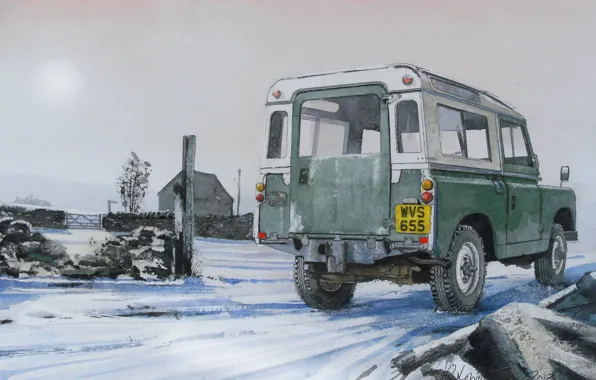 Picture road, machine, figure, SUV, Land Rover, painting