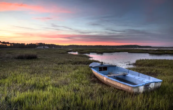 Grass, sunset, lake, boat