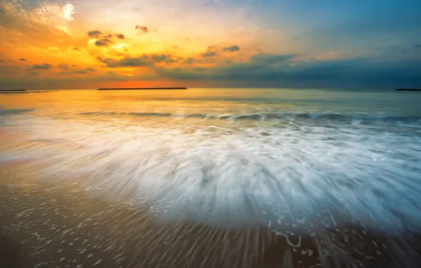 Sand, sea, wave, beach, summer, the sky, sunset, shore