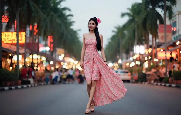 Look, girl, the city, Asian, pink dress, Taika