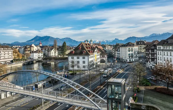 Picture bridge, river, building, Switzerland, Lucerne