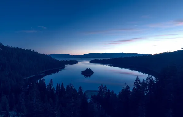 Forest, trees, lake, CA, USA, twilight, island, Tahoe