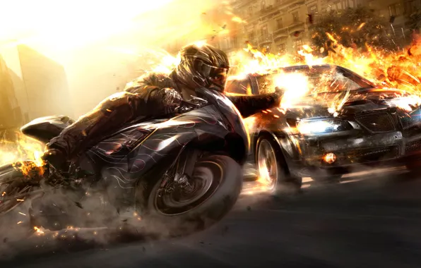 Picture the explosion, motorcycles, cars