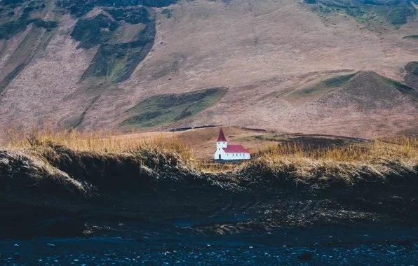 Land, mountain, hills, Iceland, building, church, construction, soil