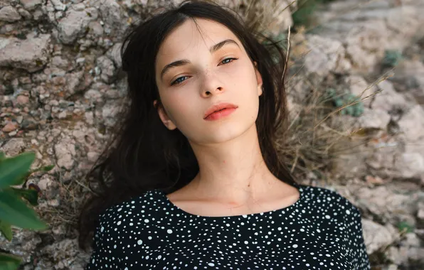 Picture look, stones, model, portrait, makeup, brunette, hairstyle, nature