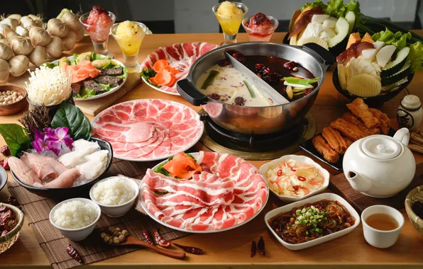 Tea, meat, figure, vegetables, dessert, cuts
