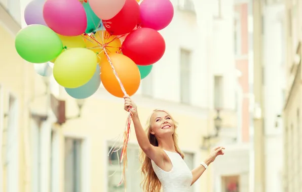 Girl, joy, smile, balloons, home, blonde