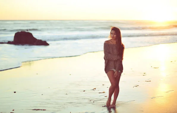 Picture sea, beach, girl, the sun, sunset, Hayley Garage
