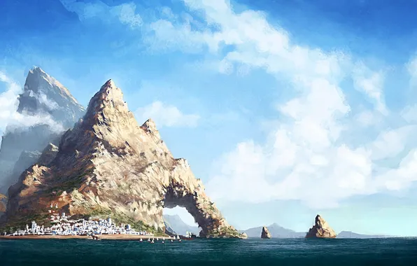 Sea, water, clouds, landscape, the city, rocks, figure, island