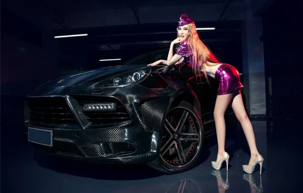 Auto, look, girl, Porsche, Asian, beautiful girl, stewardess, posing on the car