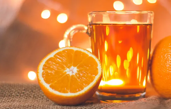 Picture glass, orange, background, holiday, tea, new year, food, Christmas