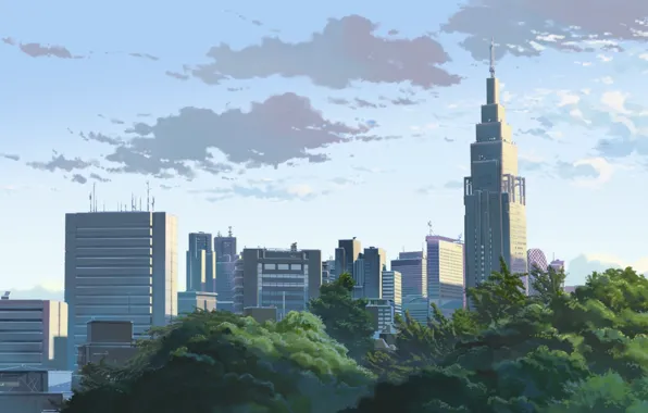 The sky, The city, Trees, Morning, Clouds, Building, City, Anime