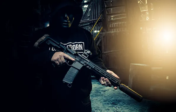 Weapons, background, mask, optics, male, assault rifle