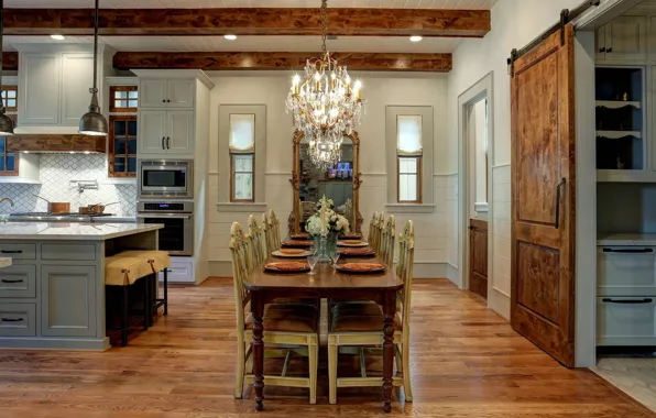 Interior, kitchen, dining room, rustic farmstead, village estate