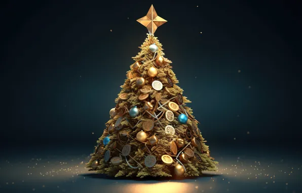 Picture balls, tree, New Year, Christmas, golden, coins, new year, happy