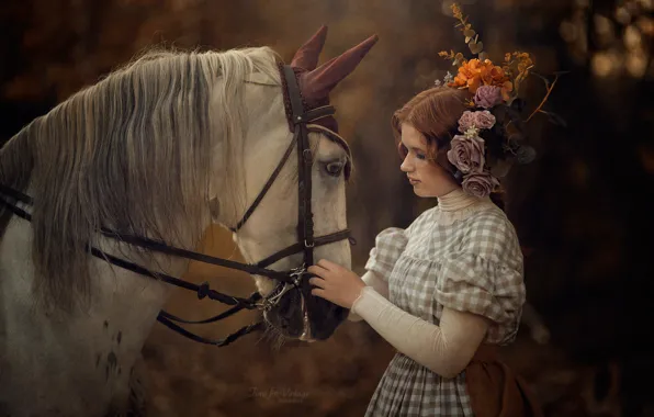 Picture face, girl, flowers, pose, mood, horse, horse, dress