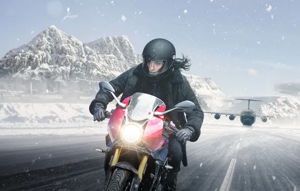 Look, snow, mountains, pose, the plane, motorcycle, bike, hair