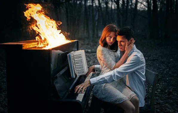 Picture forest, girl, notes, fire, flame, the situation, guy, piano
