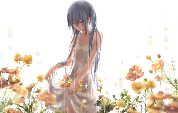 Girl, flowers, rain, roses, art, vocaloid, hatsune miku, Vocaloid