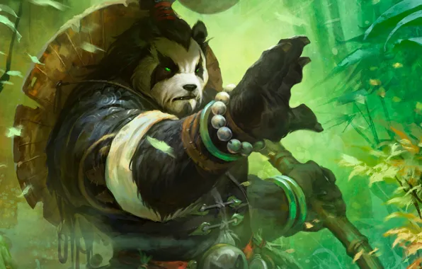 Forest, art, Panda, staff, World of Warcraft, Mists of Pandaria