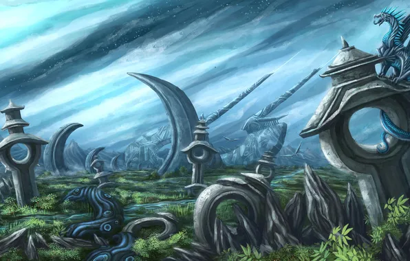 The sky, grass, stars, landscape, dragon, construction, art, ruins